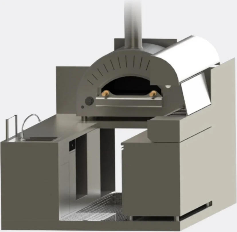 Plan 3D de l'aménagement pizzeria vu de face : four, évier et plan de travail