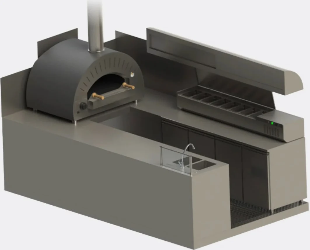 Plan 3D de l'aménagement pizzeria vu de dessus : four, saladette et table réfrigérée