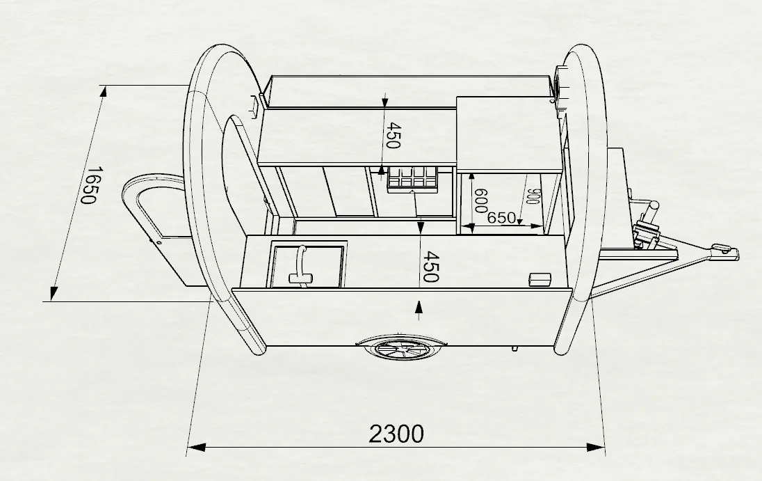 Plan coté d'une remorque food truck vue de dessus : 2300 mm de longueur, 1650 mm de largeur, plans de travail à 450 mm